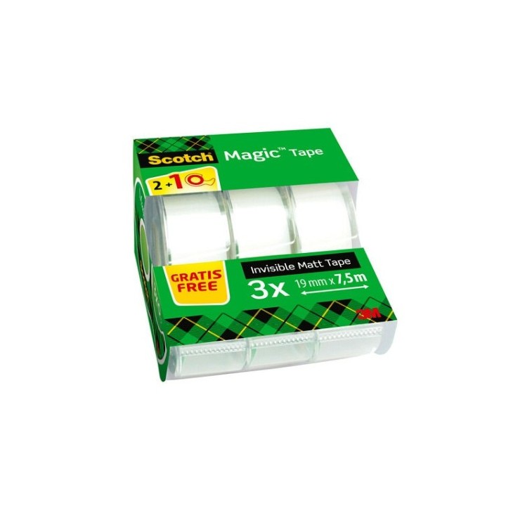 pack 2+1 rollos cinta invisible 19mm x 7,5m magiccon dispensador 8-1975c3 scoth 7100088375