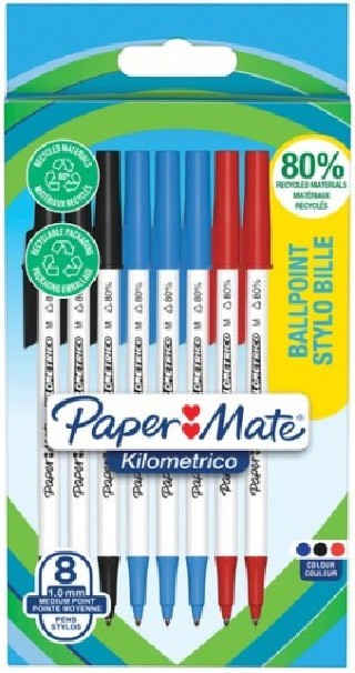 blister 8 boligrafos paper mate kilometrico punta mediana (1,0mm) tinta negra, azul y roja 80% recic