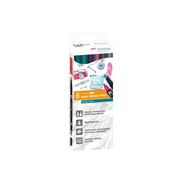 estuche 6 rotuladores doble punta pincel. colores vintage dual brush (caja carton) tombow abt-6c-5