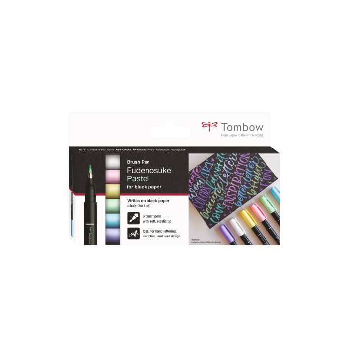 estuche 6 rotuladores base de agua fudenosuke para papel oscuro colores pastel tombow ws-bs-6p
