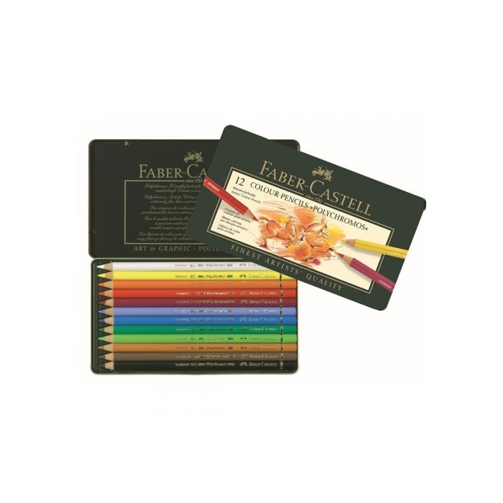 estuche de metal polychromos con 12 lapices de colores surtidos faber castell 110012