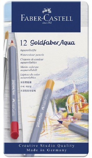 estuche de metal con 12 lapices de colores acuarelables goldfaber. faber castell 114612