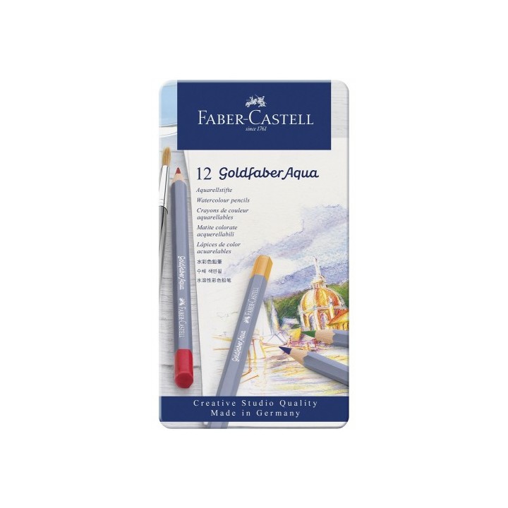 estuche de metal con 12 lapices de colores acuarelables goldfaber. faber castell 114612