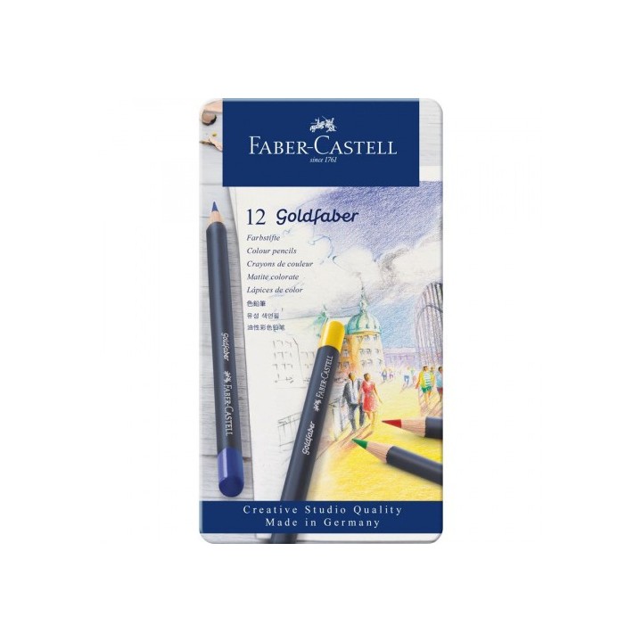estuche de metal con 12 lapices de colores goldfaber. faber castell 114712