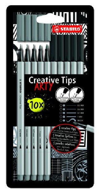 estuche rotuladores creative tips arty con 10 rotuladores (5 puntas diferentes) en color negro y gri