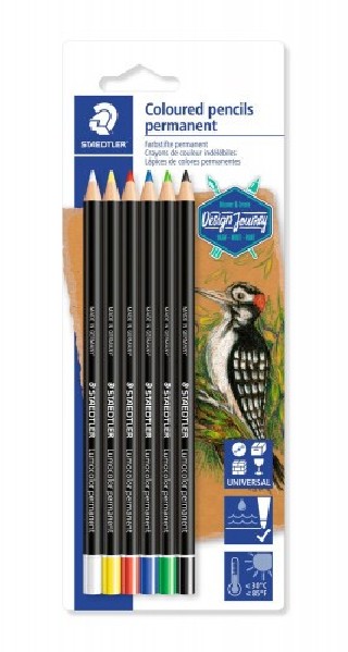 blister con 6 lapices, uno de cada color (blanco, amarillo, rojo, azul, verde y negro) staedtler 108