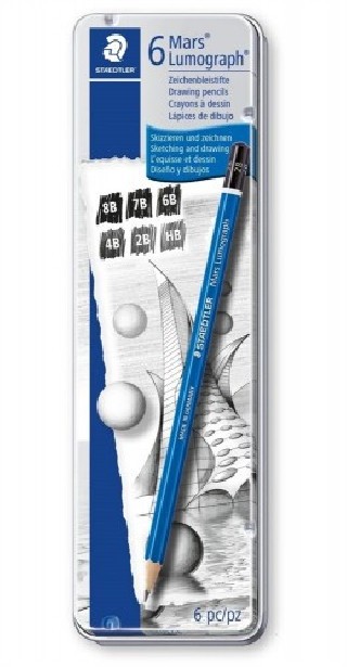 estuche de metal con 6 lapices, graduaciones 8b,  7b,  6b,  4b,  2b,  hb staedtler 100 g6