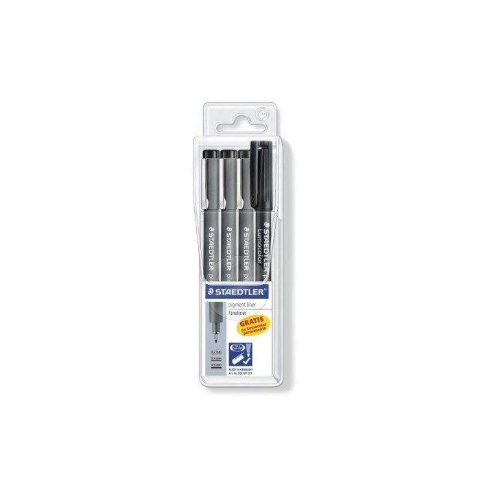 estuche 3 calibrados pigment liner 308, + regalo portaminas staedtler 308 s1wp3