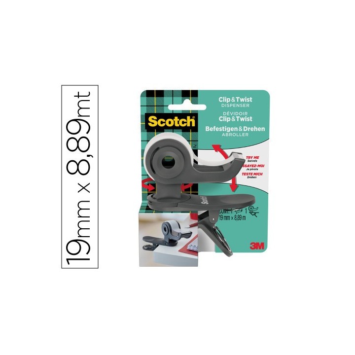 dispenador portarrollos clip&twist c19 gris con rollo cinta invisible 19mm x 8,89m magic c19-clip-cg