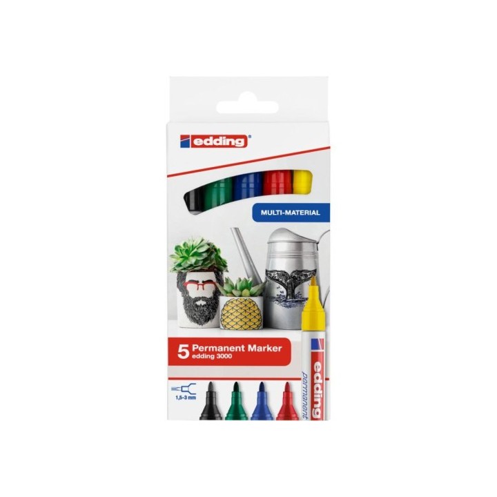 edding 3000 marcador permanente punta redonda negro, azul, verde, rojo, amarillo 5 pieza(s)