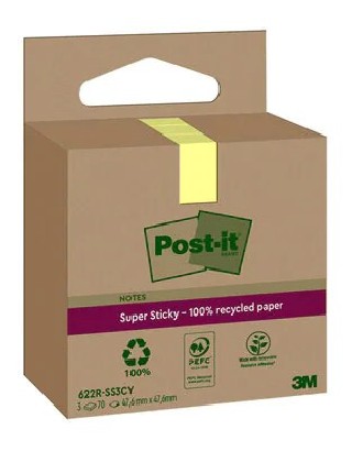 pack 3 blocs 70 hojas notas recicladas adhesivas 47,6x47,6mm super sticky amarillo pastel caja carto