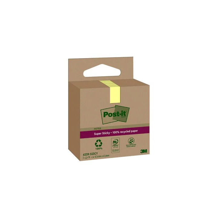 pack 3 blocs 70 hojas notas recicladas adhesivas 47,6x47,6mm super sticky amarillo pastel caja carto