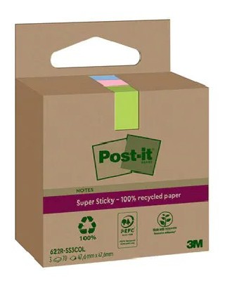 pack 3 blocs 70 hojas notas recicladas adhesivas 47,6x47,6mm super sticky colores surtidos caja cart