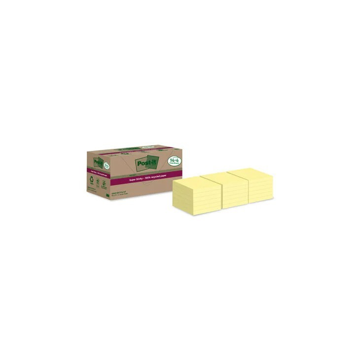 pack 14+4 blocs 90 hojas notas recicladas adhesivas 76x76mm super sticky amarillo pastel 654 rsscy14