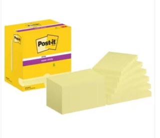 pack 12 blocs 90 hojas notas adhesivas 76x127mm super sticky canary yellow caja carton 655-12sscy-eu