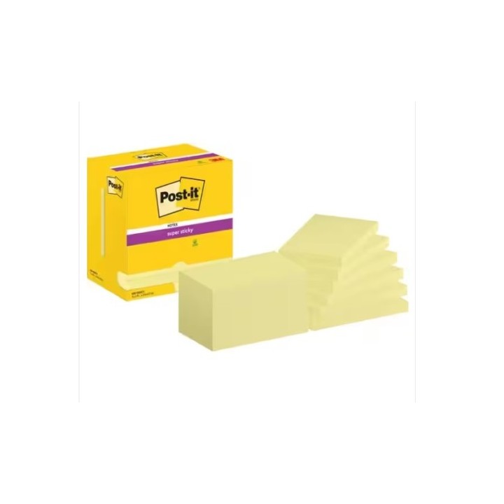 pack 12 blocs 90 hojas notas adhesivas 76x127mm super sticky canary yellow caja carton 655-12sscy-eu