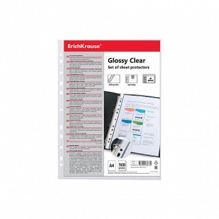 set de 100 fundas multitaladras glossy clear, 60 mcm, a4, transparente erich krause 46703