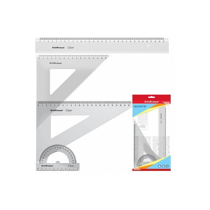 set de geometria grande (regla 30 cm, escuadra 16 cm/45o, escuadra 22 cm/60o, transportador 180o/10c