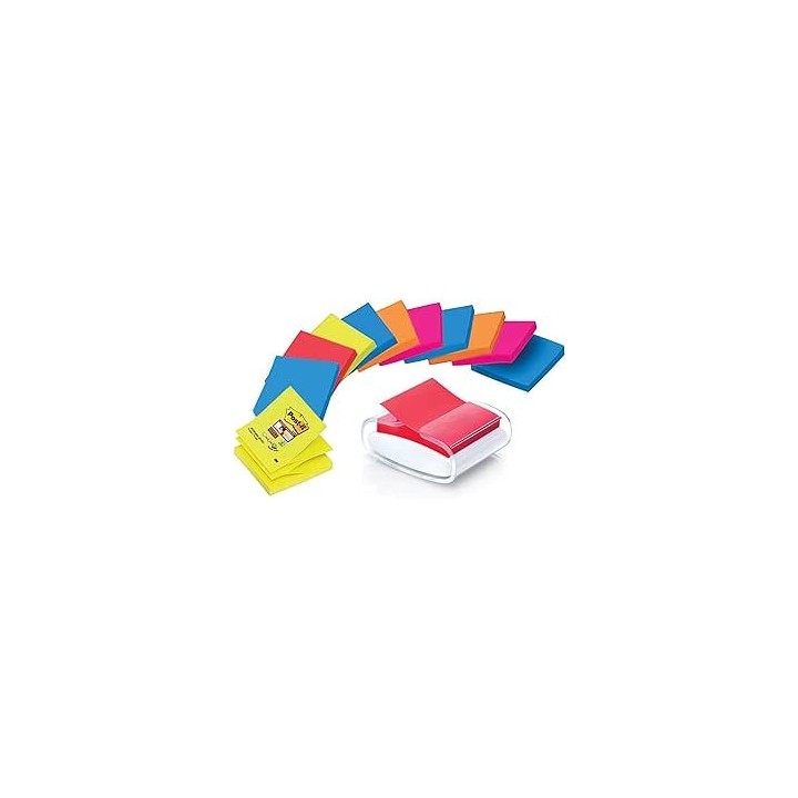 pack dispensador blanco pro + 12 blocs 90 hojas z-notes 76x76mm super sticky colores variados pro-w-