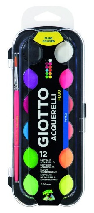 estuche 12 acuarelas fluo 30 mm + pincel  giotto f351400