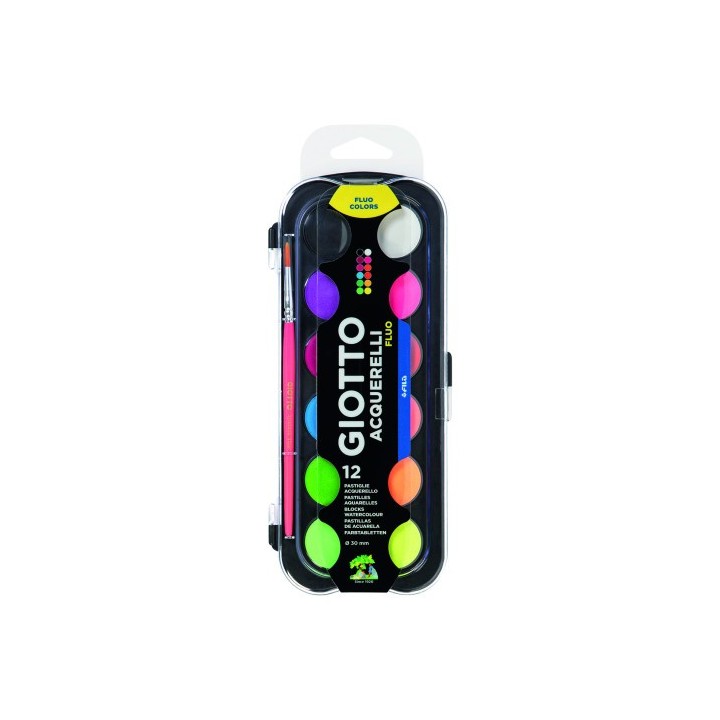 estuche 12 acuarelas fluo 30 mm + pincel  giotto f351400