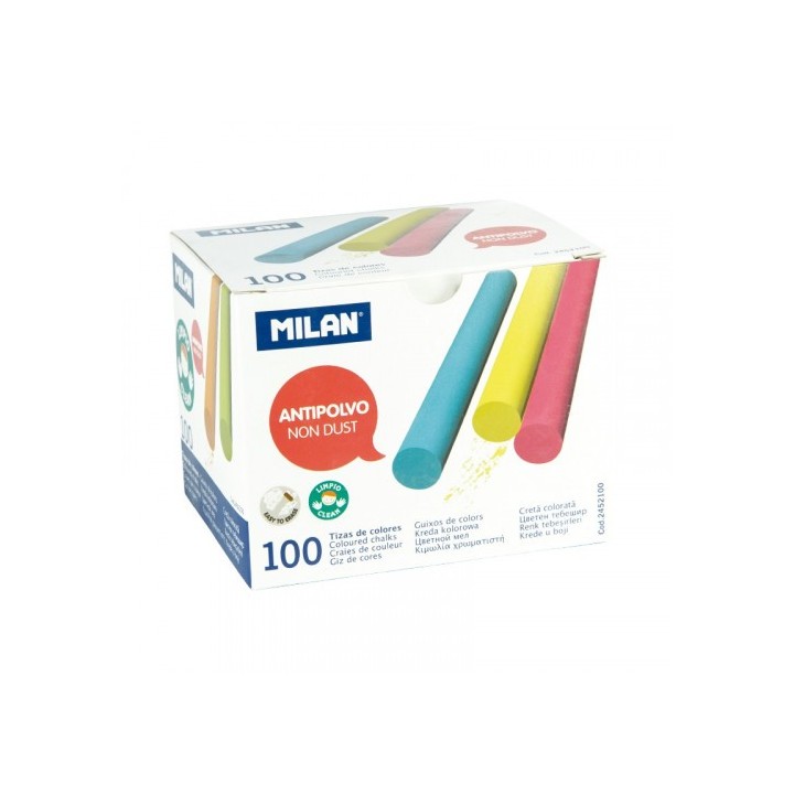 caja 100 tizas de carbonato de calcio de colores redondas -antipolvo milan 2452100