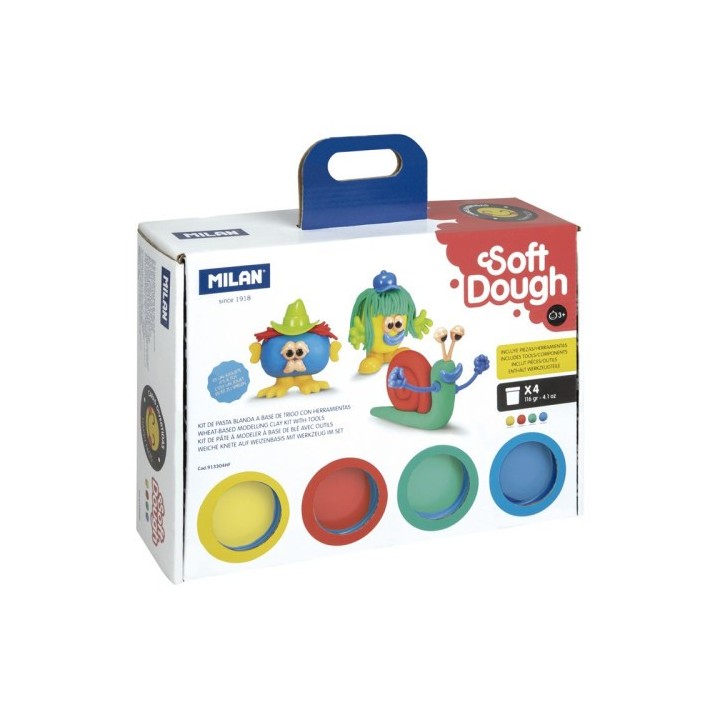 maletin 4 botes pasta blanda soft dough de 116gr + herramientas caras divertidas milan 913304hf