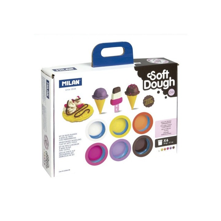 maletin 6 botes pasta blanda soft dough de 59gr + herramientas helados y gofres milan 913306icw