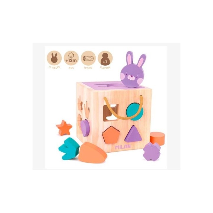 juguete educativo de madera cubo para encajar piezas rabbit milan 660505