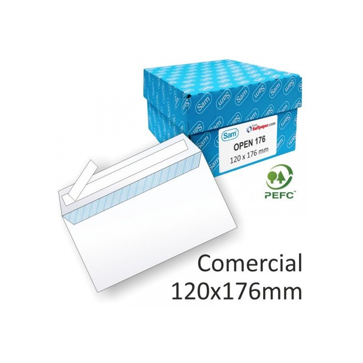 caja 500 sobres comercial opensam (120x176) autoadhesivo con tira de silicona offset blanco 90 grs.