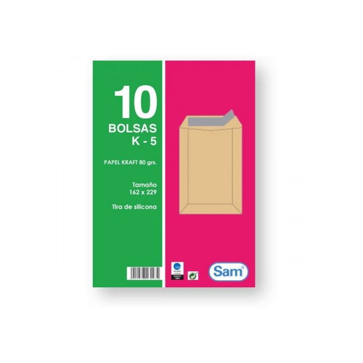 paquetes de 10 bolsas kraft, con tira de silicona tamano 162x229 80 grs. sam 665098