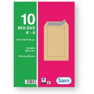 paquetes de 10 bolsas kraft, con tira de silicona tamano 184x261 80 grs. sam 665099