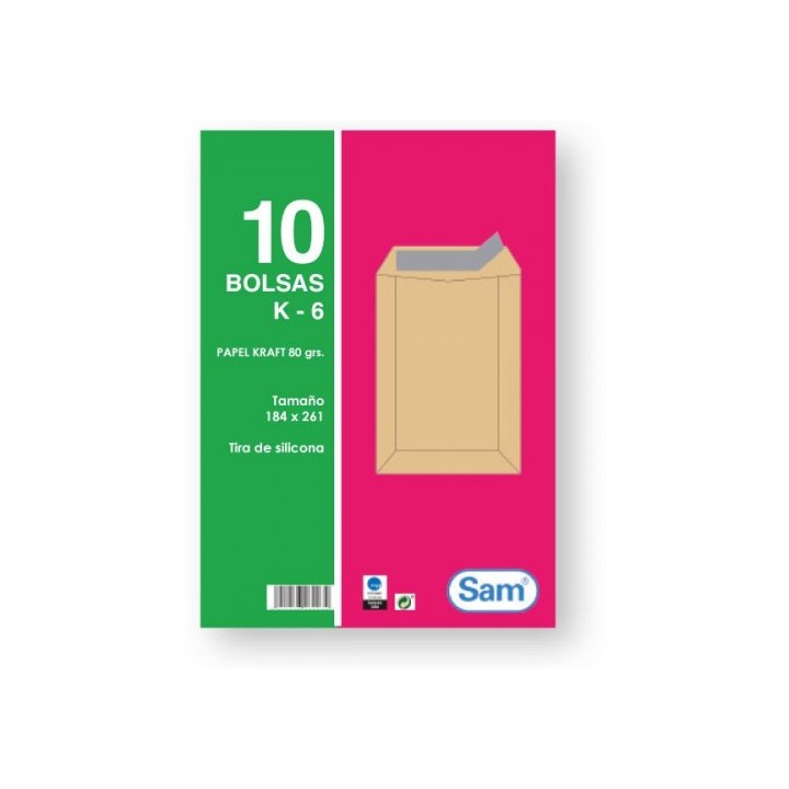 paquetes de 10 bolsas kraft, con tira de silicona tamano 184x261 80 grs. sam 665099