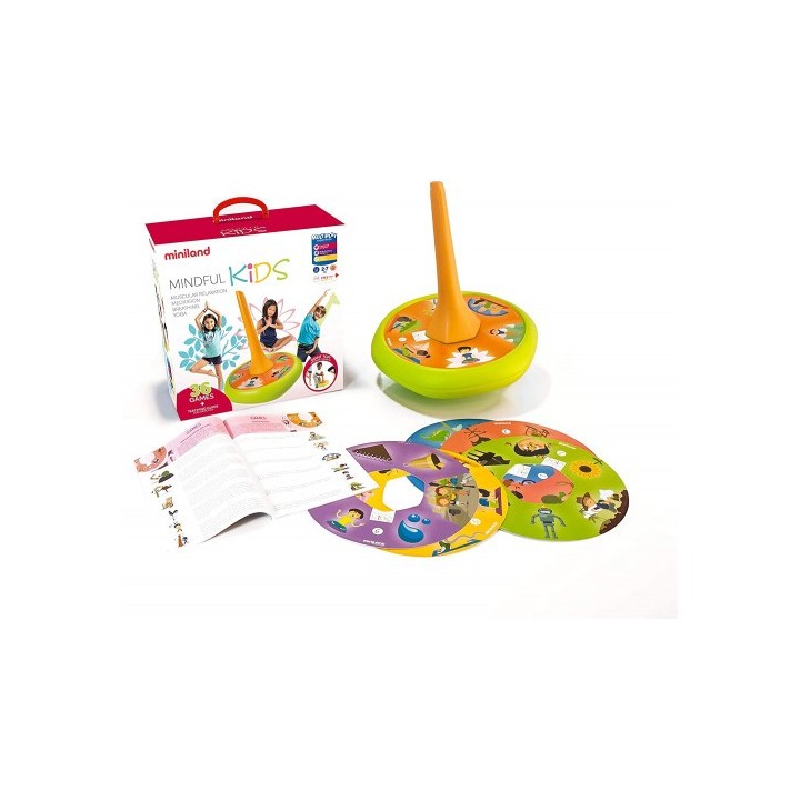 juego didactico mindfulnes con peonza gigante y guia de ejercicios miniland 31898
