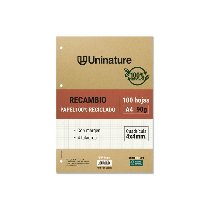 recambio reciclado a4 100 hojas 90gr cuadricula 4x4 mm con taladros uninature 53392700