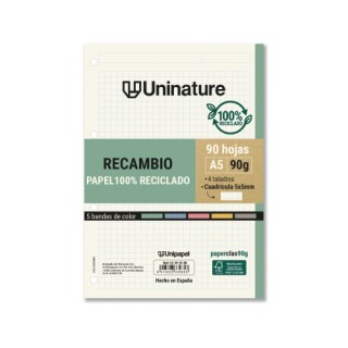 recambio reciclado a5 90 hojas 90gr cuadricula 5x5 mm con taladros 5 bandas color uninature 53393500