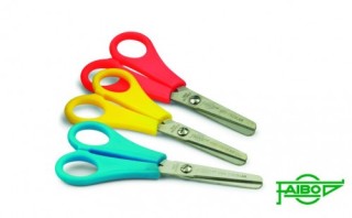 tijera escolar empunadura plastico con hoja en acero inoxidable y punta roma 13 cm. faibo te13