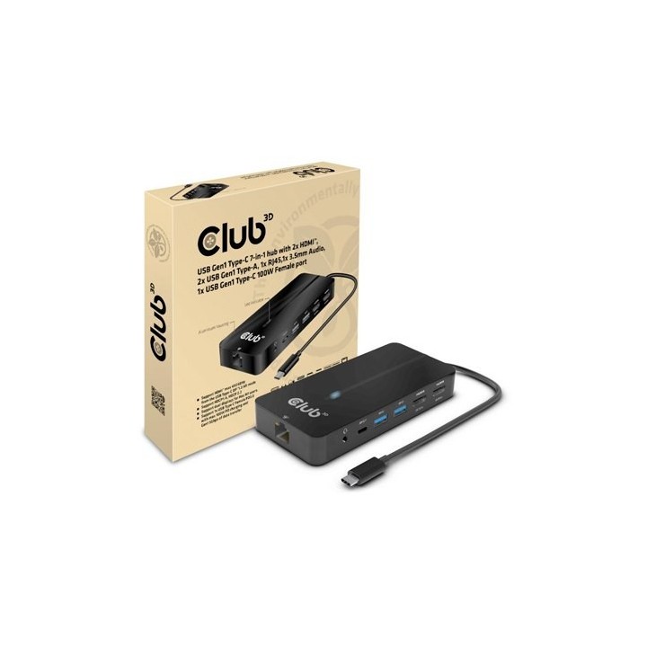 hub usb club3d gen1 tipo-c 7 en 1 2xhdmi 2xusb-a 1x rj45 1x 3.5mmaudio 1xusb -c100w