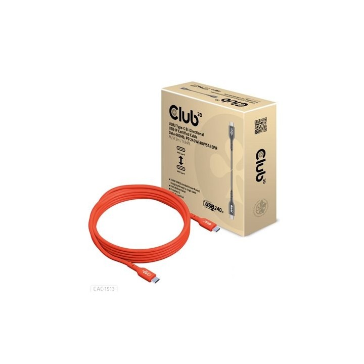 cable carga club3d certificado  usb2 tipo-c 3m usb-if datos 480mb  pd 240w(48v 5a) epr m m 3m