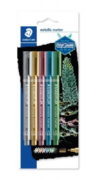 staedtler blister con 5 marcadores metalicos en colores oro, plata, rojo, azul y verde staedtler 832