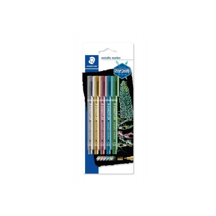 staedtler blister con 5 marcadores metalicos en colores oro, plata, rojo, azul y verde staedtler 832