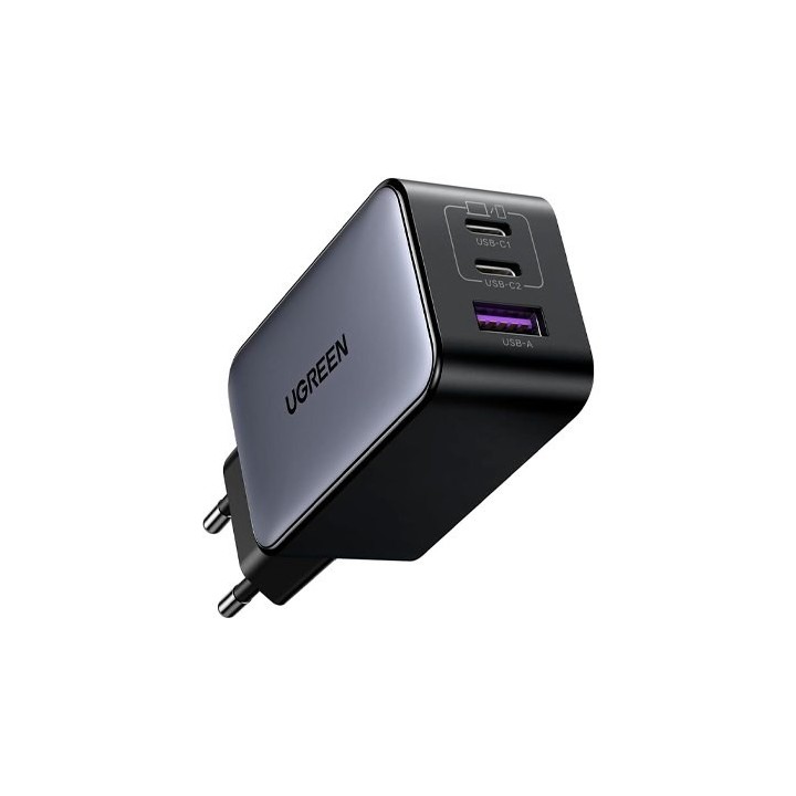 cargador ugreen usb-a+2usb-c 65w  gan fast 65w 3en1 led gan black