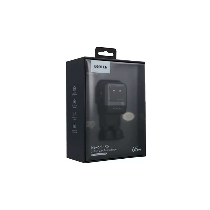 cargador ugreen usb-a+2usb-c 65w  gan fast 65w 3en1 led gan black