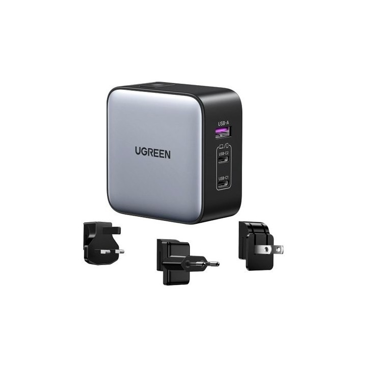 cargador travel ugreen usba+2usbc 65w worldwide cargador gan cargador de viaje  65w negro