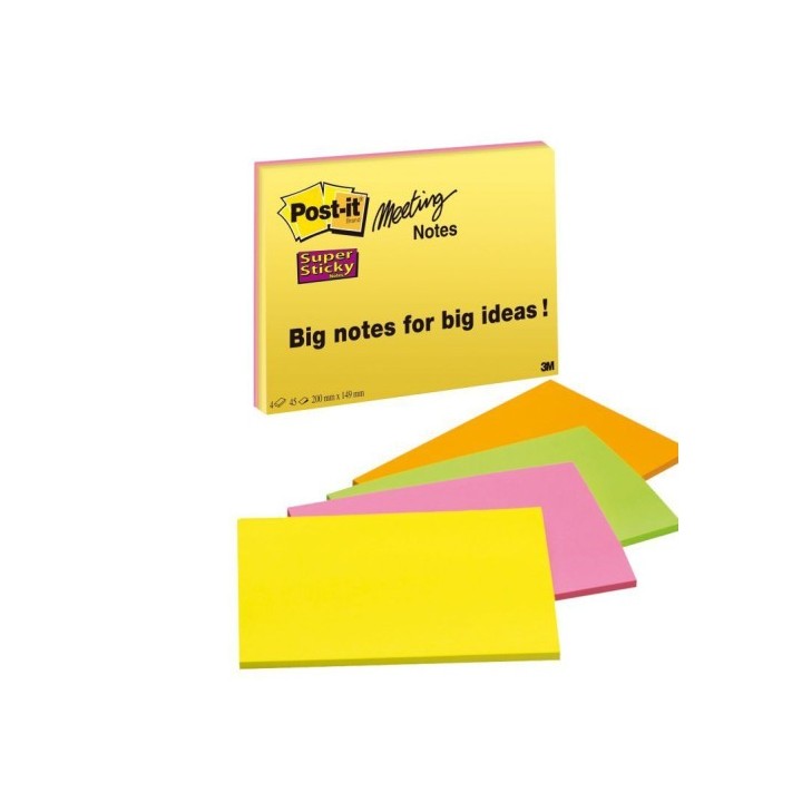 post-it pack 4 blocs 45 hojas notas grandes adhesivas 203x152mm super sticky colores surtidos neon 6