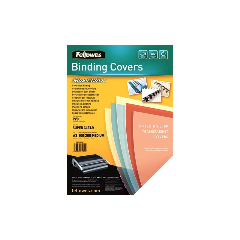 fellowes pack 100 portadas pvc transparente a3 200 micras cristal fellowes 53764