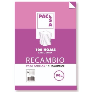 pacsa recambio 90 grs . 4 taladros folio (215x310mm.) 100 hojas cuadricula 4x4 con margen pacsa 2126