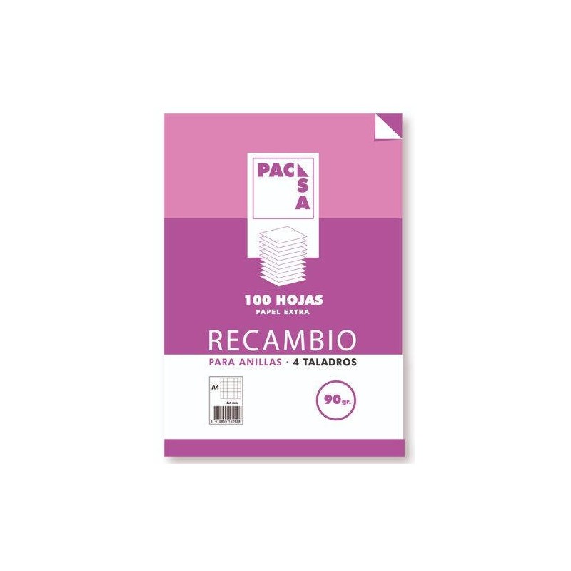 pacsa recambio 90 grs . 4 taladros folio (215x310mm.) 100 hojas cuadricula 4x4 con margen pacsa 2126