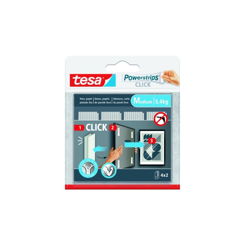 tesa blister tiras adhesivas cuelga objetos powerstrips clik 5,4kg 4 pares 80x20mm m tesa 77721-0000