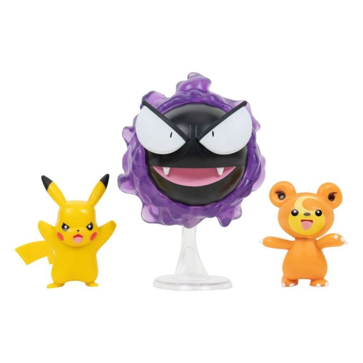 jazwares pack de 3 figuras jazwares pokemon batalla teddiursa pikachu y gastly